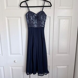 Vtg Cache Dress Womens 0 Navy Sequin Bodice Chiffon Midi Sweetheart Party Prom